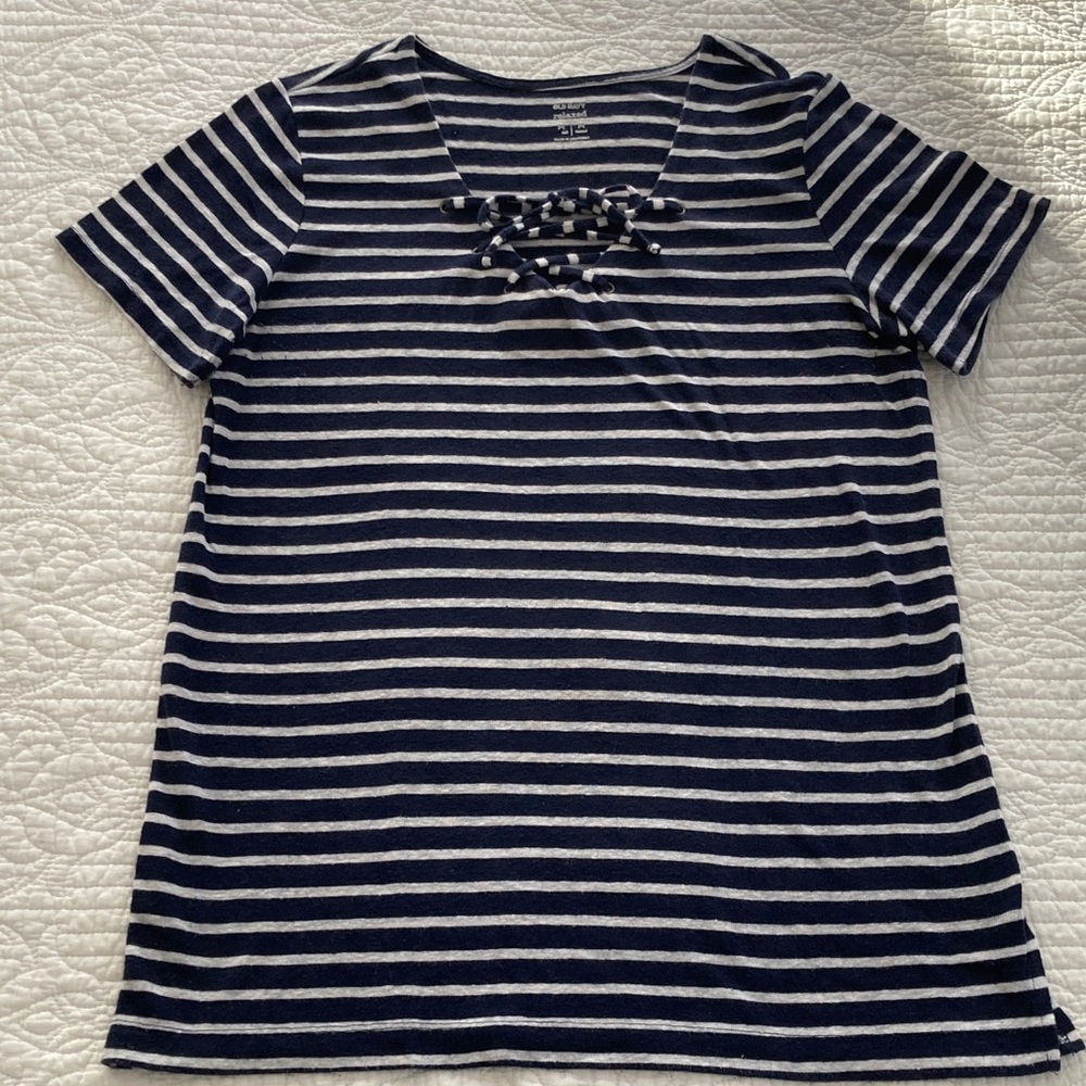 Old Navy Dark Blue & Gray Striped Nautical Lace-Up Short Sleeve Tee, M Tall